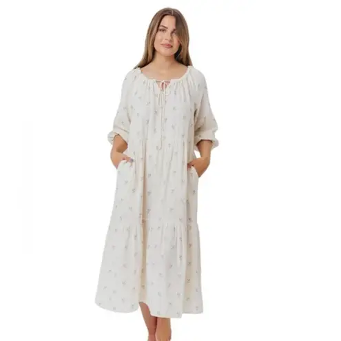 Worth Collective Avery Tiered Cotton Midi Dress in Soy/Sage Foliage Size M Green