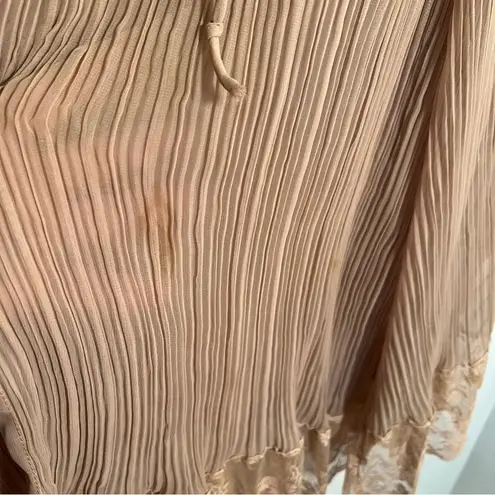 Long Sleeve Pleated Plisse Blouse Tan Brown Lace Hem Size L