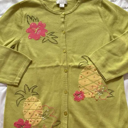 Vintage Y2K Retro Womens Medium 3/4 Sleeve Tropical Pineapple Floral Cardigan Green