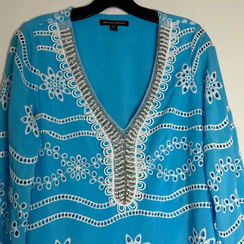 Boston Proper Turquoise & White Beaded Eyelet Tunic Women’s M