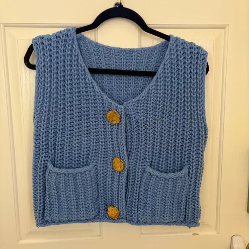 Women's Chunky Knit Button Down Sweater Vest with Pockets Blue Size M