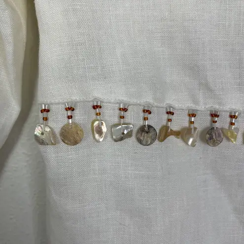 Lili Lalande Women's 42/ 10 White 100% Linen Blouse Abalone Shell Beads Fringe