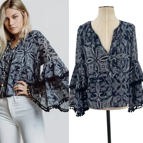 MISA Los Angeles Maya Bell-Sleeve Top Paisley Pom Trim Navy Blue Size XS