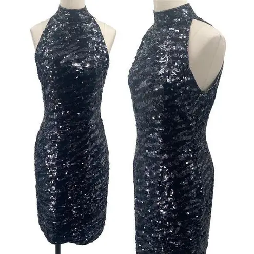 Vintage 90s Lillie Rubin Silk Sequined Mini Dress High Neck Sleeveless Womens 8 Black