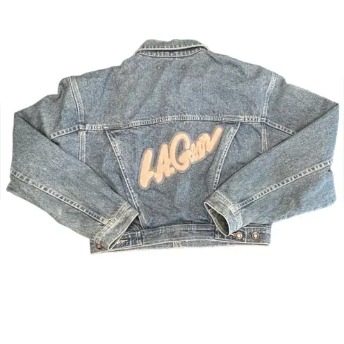 VTG 80s 90s LA GEAR cropped pastel patchwork streetwear jean jacket rockabilly L Size L