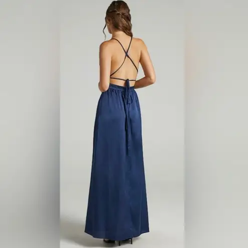 Showpo Navy Inspired Tribe Plunge Neckline Maxi Lace Open Leg Dress Size US 6 Blue