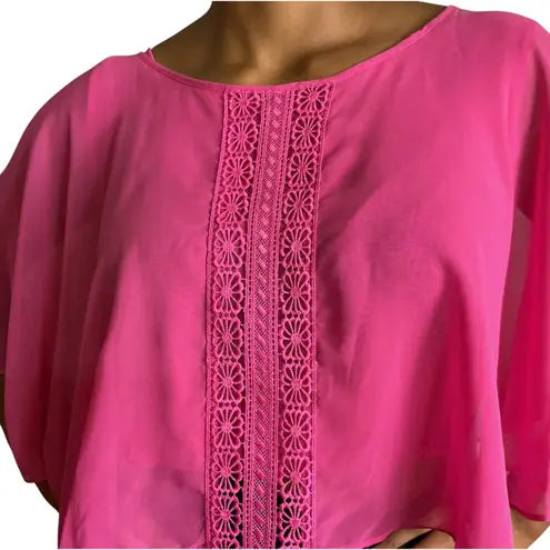 Love by Design Pink Sheer Cape Top Crochet Trim Flowy Blouse Cover Up Cropped XL