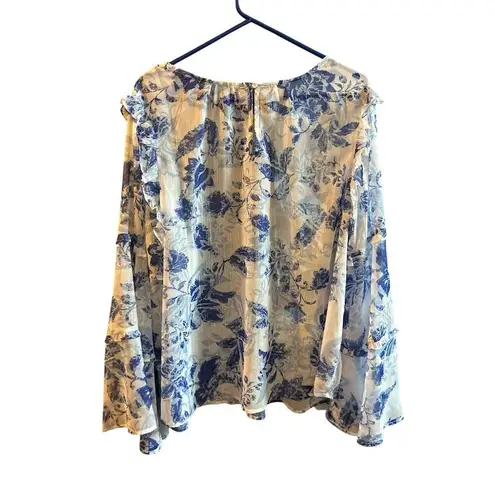 G by Guillana Women's 2XL Blue Floral Ruffle Blouse Casual Top shear Size 2X