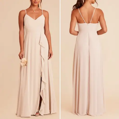 Birdy Grey Theresa Dress Size XL Champagne Chiffon Bridesmaid Gown Ruffle Slit
