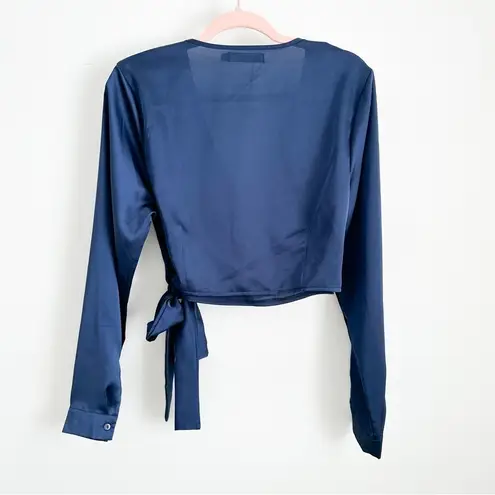 Missguided NWOT  Dark Midnight Blue Satin Cropped Wrap Blouse Top