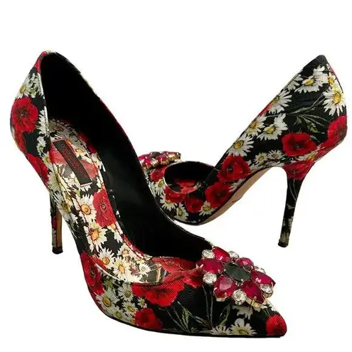 Dolce & Gabbana Pumps Floral Print Crystal Flower High Stiletto Heel Size 39.5