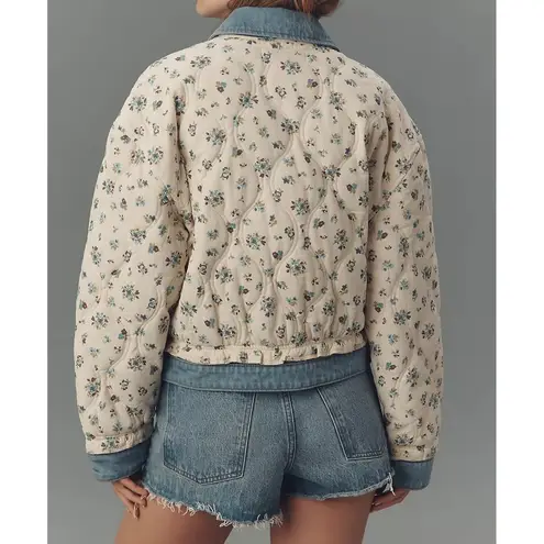 BLANKNYC Love Bird Quilted Floral Jacket Denim Trim Cream Women's M Blue Size M