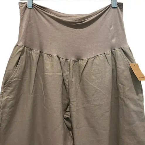 NEW POPLOOKS Linen Wide Leg Pants Tan Plus Sz 2X Hi Rise Comfy Fold Over Waist Brown