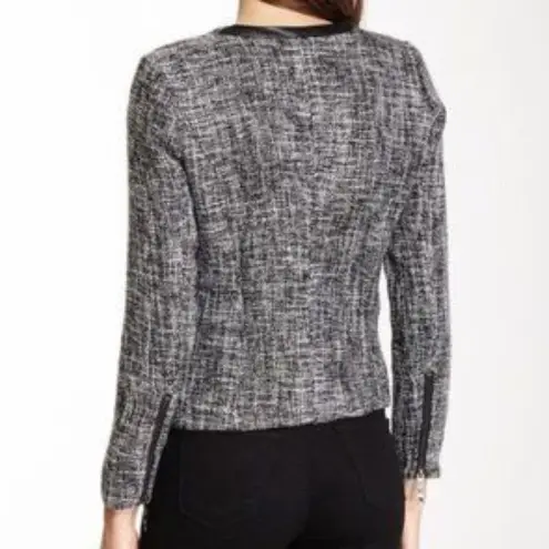 Love Stitch Tweed Blazer Size Large Faux Leather Black White Zip Front New