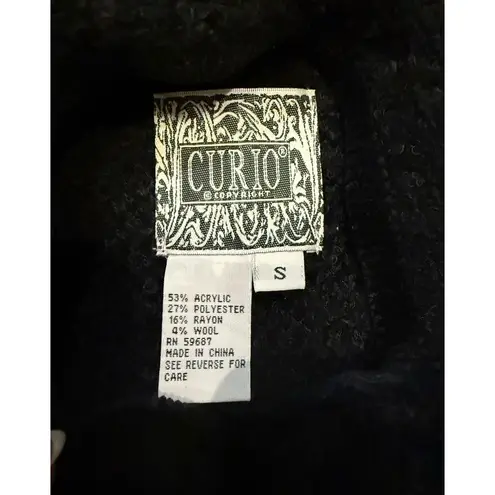 Vintage Curio Textured Knit Wool Blend Cardigan Fringe Embroidered Sweater Small