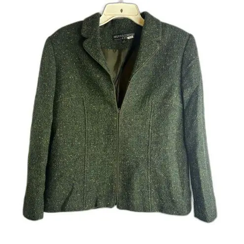 Kasper  & Company Green Tweed Full Zip Wool Blend Blazer Jacket Size 12