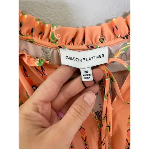 Gibson Latimer Gibson & Latimer Border Print Midi Dress Size Medium Tie Front Ruffle Orange New - Image 5