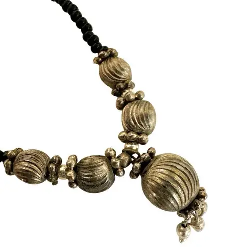 Black beaded silver tone choker necklace