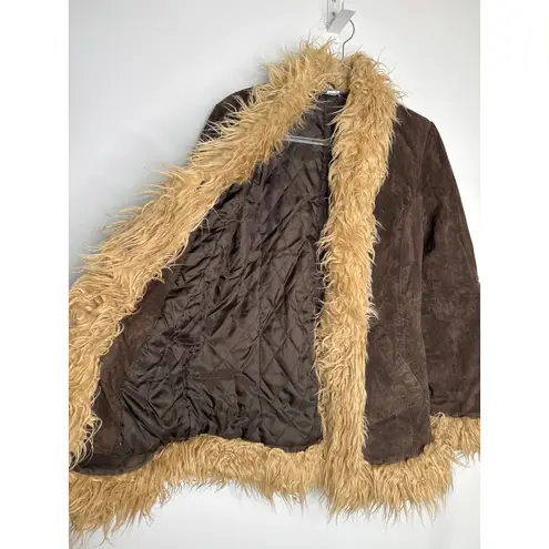 Y2K dELiA*s Suede Faux Fur Trim Jacket – Brown Shaggy Coat Size M (1990s/2000s) Tan Size M