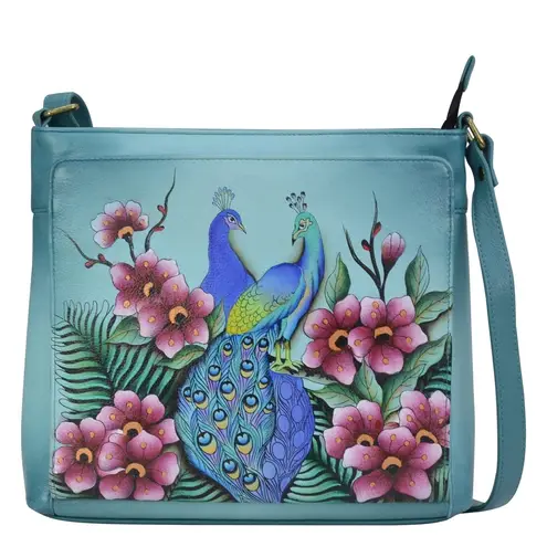 Anuschka Peacock Hand-Painted Blue Floral Crossbody Bag