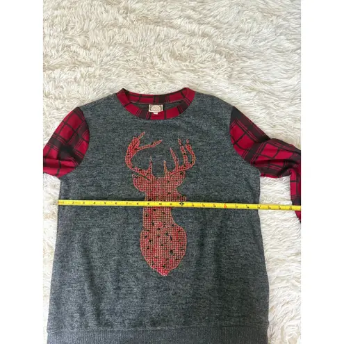 RBielle Red Plaid Christmas Sleeve Women's Sz Sm Reindeer Deer Sequin Holiday Gray
