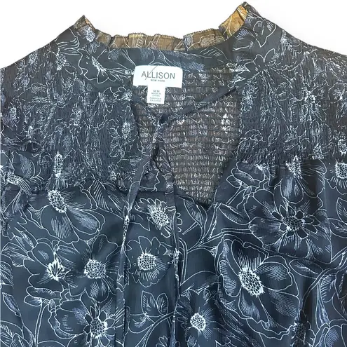Allison New York black smocked sheer sleeve blouse top size Medium