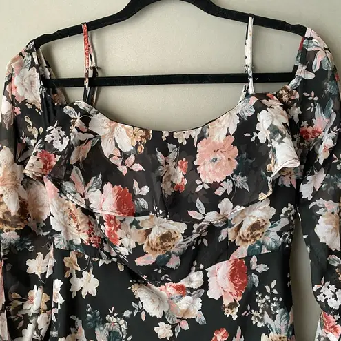 re:named sz S black pink floral off shoulder maxi sundress