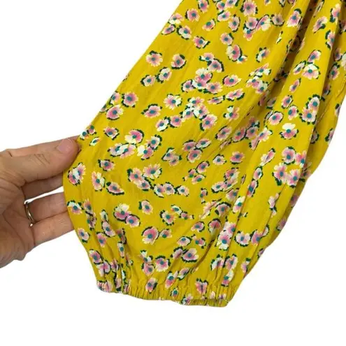 Nicholas Yellow Floral Print Ruched Tie Front Midi Dress Puff Sleeve sz 8 Boho