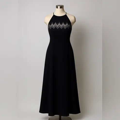 Vintage 90s Y2K Cachet Black Beaded Halter Maxi Dress 12 Formal Evening Gown