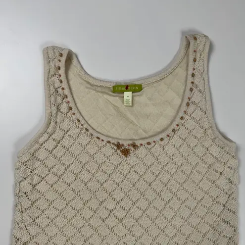 Sigrid Olsen Cream Knit Beaded Cami Tank Top Size Medium Y2K Boho Cottagecore
