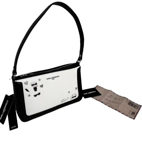 Karl Lagerfeld LEATHER SHOULDER BAG Black & White Handbag Mini Purse 10"x6" NWT!