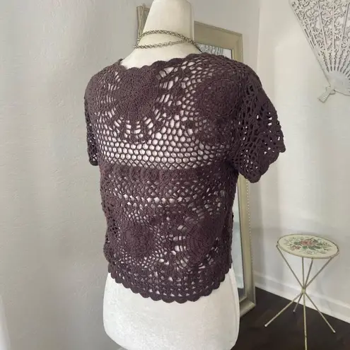 Carolyn Taylor Boho Cropped Crochet Dark Brown Short Front Tie Cardigan M Size M