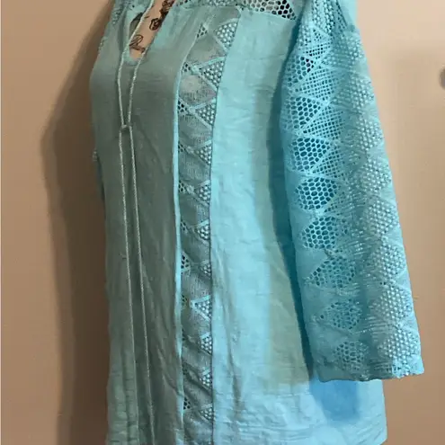 Lace Boho Swimsuit Coverup Tunic Top Beachwear Cotton Tunic Sz. Med Blue