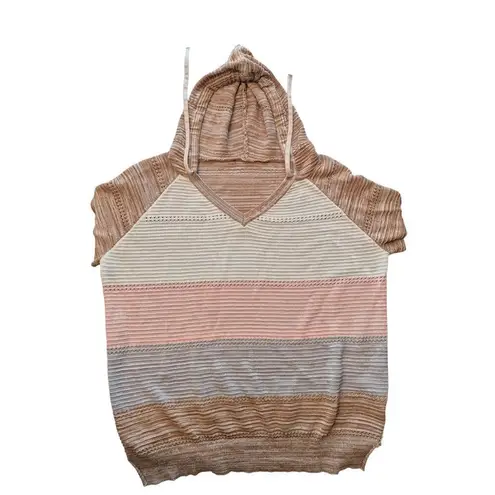 None Womens L Hoodie, lightweight Heathered Brown/White/Pink/Gray stripe