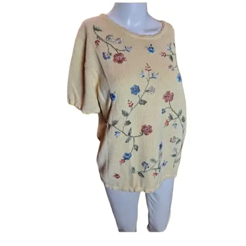 Vintage Yellow Floral Embroidered Scalloped Edges Pullover Short Sleeve Sweater Size M