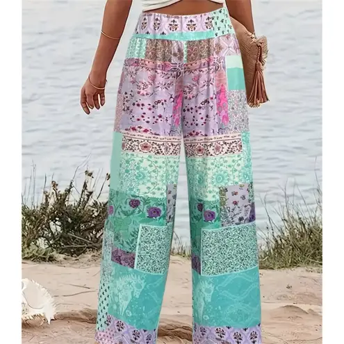 Floral Patchwork Pull On Pants Size Large 8/10 Blue Size M