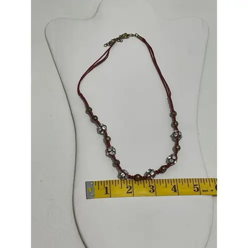 None Braided Cord Disco Ball Gemstone Necklace Dark Red