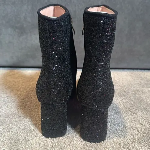 Women’s Black Glitter Covered Chunky Heeled Party Boots Zipper Size 10.5