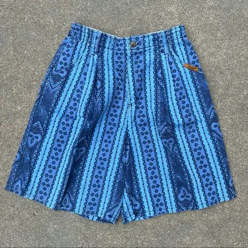 Vintage blue medallion stripe printed pleated front bareback high waist shorts Size 29