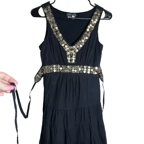 Sue Wong Black Beaded A-line Tiered Cocktail Dress Gold Belt India VTG Y2K Sz 4P