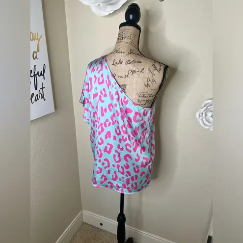 Entro NTM: One Shoulder Minty Blue with Pink Leopard Print Blouse Sz Small