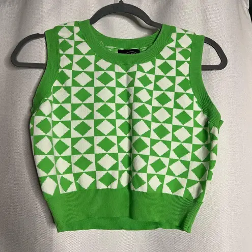 Cider Green and White Geometric Knit Cropped Sweater Vest