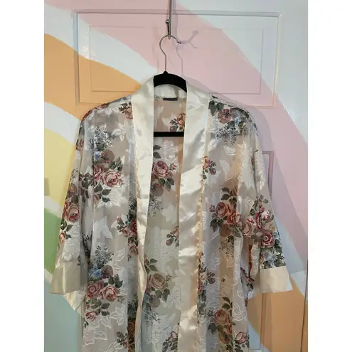 Vintage Kathryn Sheer Floral Lace Kimono Robe Duster Cover Up Satin Size Small
