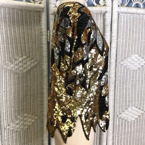 Vintage 80s Hand Beaded Silk Sequin Top S Black Gold Silver Holiday Party Glam