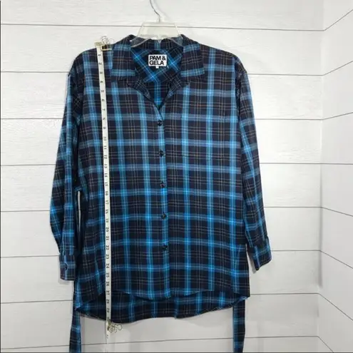 Pam & Gela Blue and Black Plaid Long Sleeve Shirt Size Small NWT