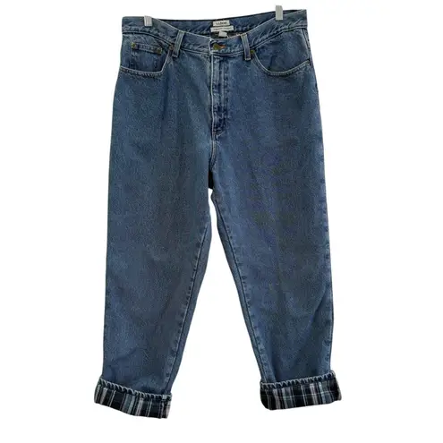 LL Bean Womens Double L Jeans Ultra High Rise Tapered Leg Flannel Lined Sz 14 P Blue