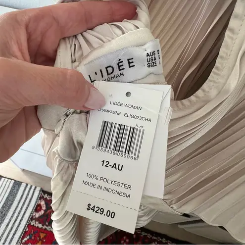 NWT L’IDEE Elite Pleated Maxi Gown Dress in Champagne Gold Size 8