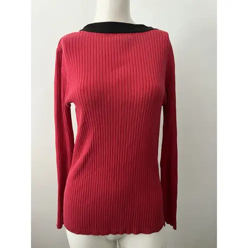 Babette Ballinger Sweater Size M Gothic Red Black Trim Button Front Ribbed Knit Size M