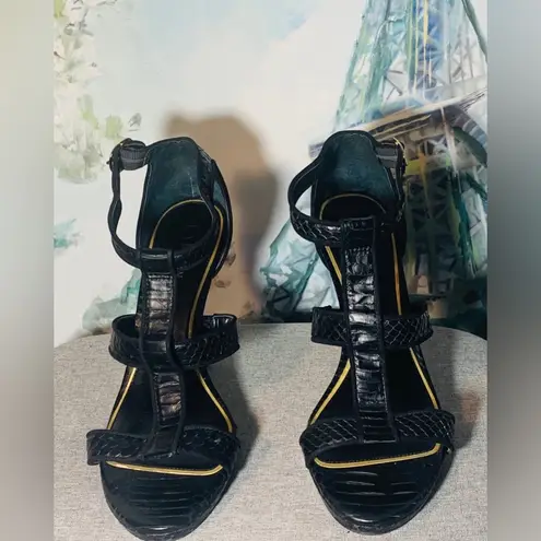 Ralph Lauren Black Leather Python Strappy Open Toe Heels size 10