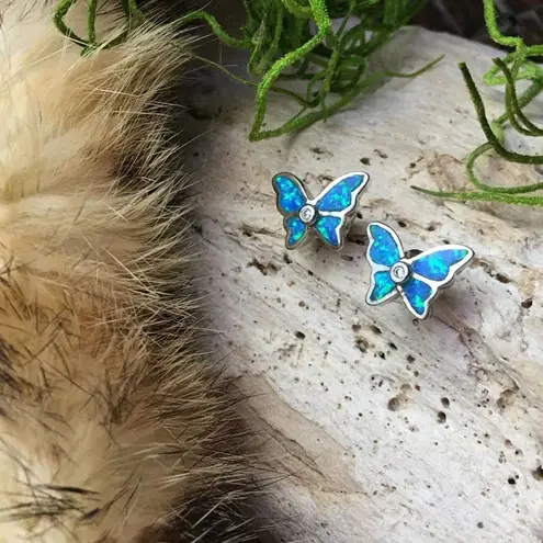 Sterling Silver Butterfly Blue Opal CZ  Earrings